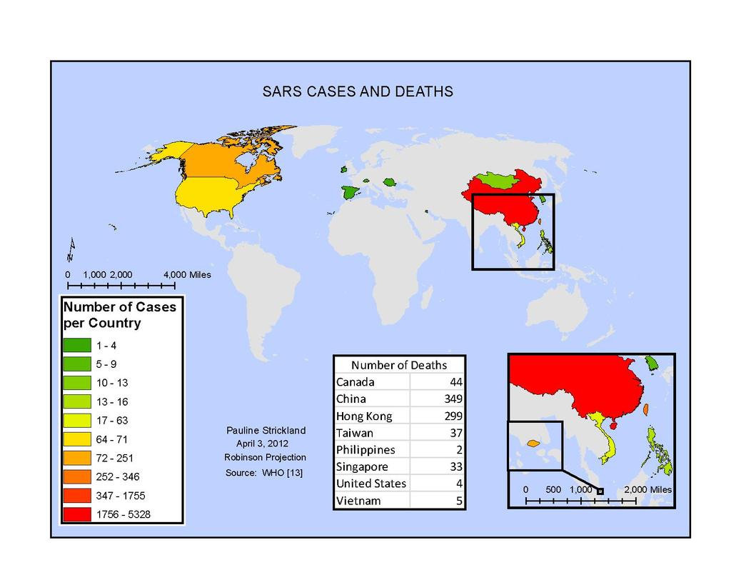 Areas of the world affected by SARS in 2002–2003