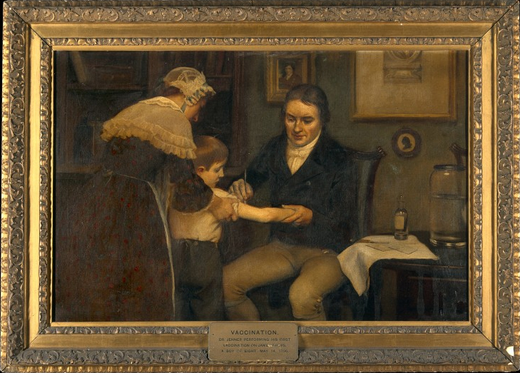 Dr Edward Jenner performing his first vaccination on a boy of age 8.